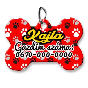 Kutyabiléta, csont alakú (tetszőleges adatokkal), piros tappancsos háttérmintával
