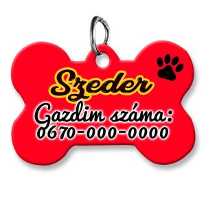 Kutyabiléta, csont alakú (tetszőleges adatokkal), piros háttérmintával