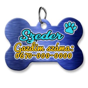 Kutyabiléta, csont alakú (tetszőleges adatokkal), metálkék háttérmintával