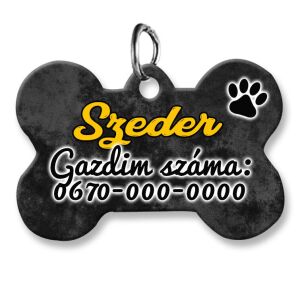 Kutyabiléta, csont alakú (tetszőleges adatokkal), fekete márvány háttérmintával