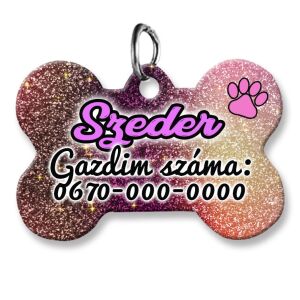 Kutyabiléta, csont alakú (tetszőleges adatokkal), arany-lilás glitteres háttérmintával