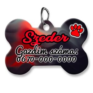 Kutyabiléta, csont alakú (tetszőleges adatokkal), fekete-piros színátmenet háttérmintával