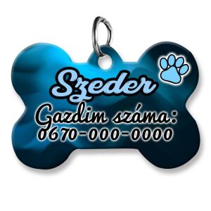 Kutyabiléta, csont alakú (tetszőleges adatokkal), fekete-kék színátmenet háttérmintával