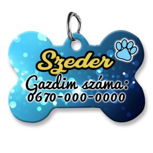 Kutyabiléta, csont alakú (tetszőleges adatokkal), kék-fehér fényes háttérmintával