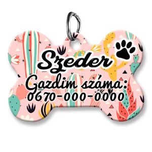 Kutyabiléta, csont alakú (tetszőleges adatokkal), színes kaktuszos háttérmintával