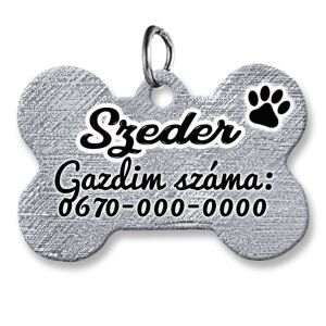 Kutyabiléta, csont alakú (tetszőleges adatokkal), fémes ezüstszürke háttérmintával
