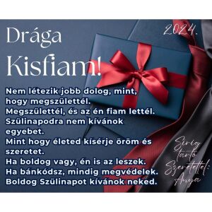 Üzenőkártya több méretben, változtatható felirattal, kék-piros masnis