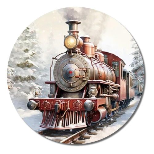 Nyomtatott fa karácsonyfadísz, vintage vonat mintával.