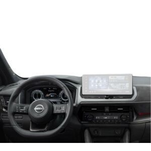 Matowa folia ochronna na ekran nawigacji Duragon zainstalowana na desce rozdzielczej samochodu Nissan Qashqai 2024+. - Radio samochodowe