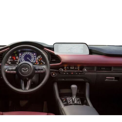 Deska rozdzielcza Mazda 3 Axela Hatchback 2018-2024 z zainstalowaną folią ochronną na ekran nawigacji Duragon.