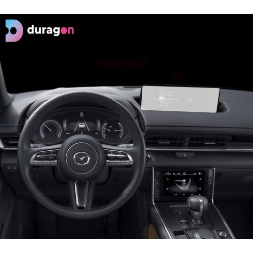 Folia ochronna na ekran nawigacji Duragon Mazda MX-30 zamontowana w samochodzie, widok na deskę rozdzielczą