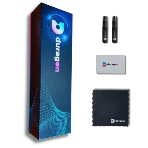 Duragon Navigations-Displayschutz Kit Inhalt für Lexus IS F 2013-2024+ inklusive Displayschutz, Spray, Tuch und Applikationskarte.