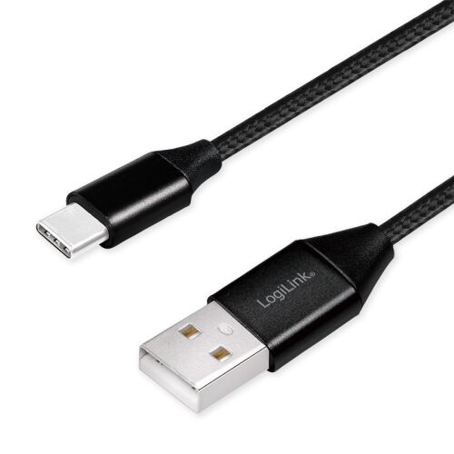 Logilink USB 2.0 Type-C kábel, C/M-USB-A/M, szövet, fekete, 0,3 m (CU0139)
