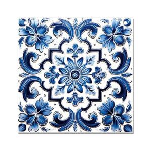 Nyomtatott fa tábla - Mediterrán csempe minta - kék sima 12,5x12,5cm