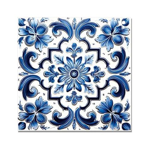 Nyomtatott fa tábla - Mediterrán csempe minta - kék sima 12,5x12,5cm