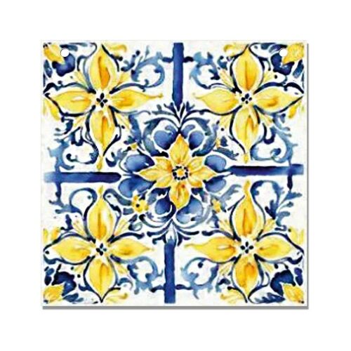 Mediterrán csempe mintás fa tábla, kék és sárga, 12,5x12,5cm - Fa felirat és dekorációs elem