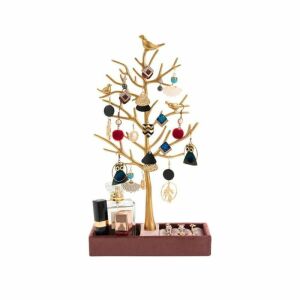 Ékszertartó, nyaklánc, gyűrűk, madaras fa, arany és rózsaszín, arany és rózsaszín