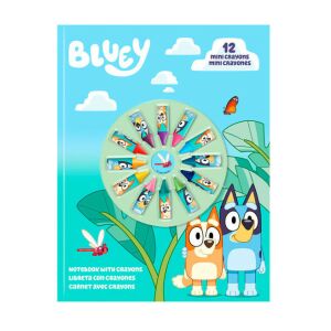 Zeszyt Bluey z 12 mini kredkami, format A4, idealny dla dzieci do kolorowania i rysowania - Książka