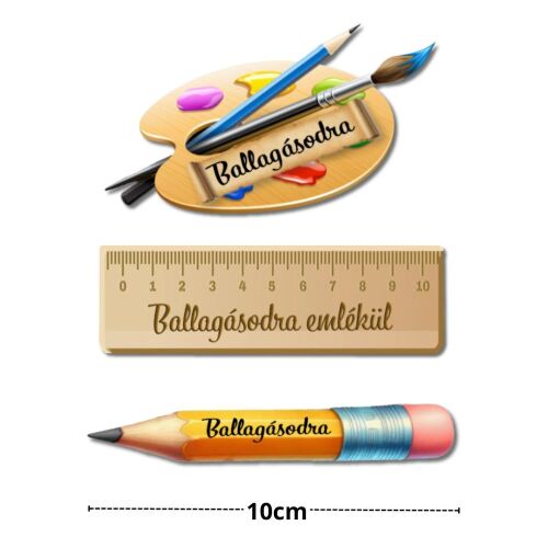 3 darabos ballagási fa díszítő készlet, festőpaletta, vonalzó és ceruza, mindegyik 'Ballagásodra' és 'Ballagásodra emlékiil' felirattal - Dekorkarton