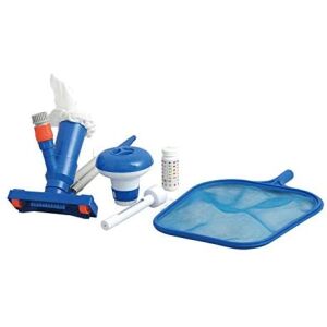 Set de curățare a piscinei Jilong, albastru și alb, include o plasă, un cap de aspirator, o perie, un dozator de substanțe chimice și un tester de apă - Unelte de curățare manuală