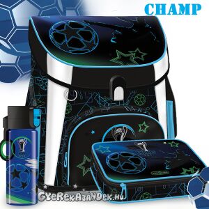 Ars Una Champs foci iskolatáska szett fiúknak, fekete kék és zöld részletekkel, focilabda mintával - Ars Una