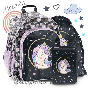 Paso Unikornis iskolatáska szett, Dream Come True, fekete hátizsák unikornis mintával, tartalmaz tolltartót és tornazsákot - Paso