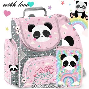 Paso Pandás Ergonomikus Iskolatáska SZETT - With Love - Rózsaszín iskolatáska panda mintával, tolltartóval és tornazsákkal - Paso