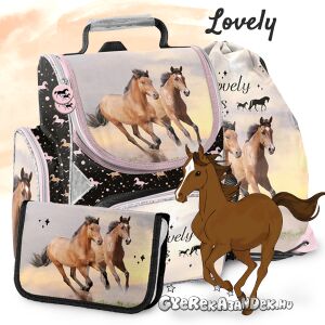 Paso Lovely Horses iskolatáska szett, fekete iskolatáskával ló mintával, hozzáillő tolltartóval és rózsaszín tornazsákkal - Paso
