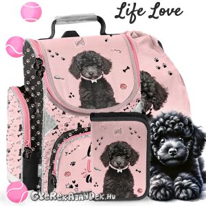 Paso Life Love kutyás iskolatáska szett lányoknak, fekete uszkár mintával, tartalmaz iskolatáskát, tolltartót és tornazsákot - Paso