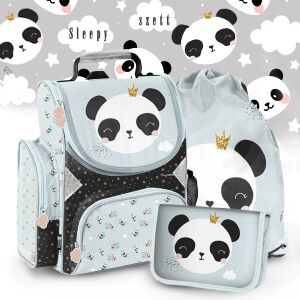 Paso Pandás Sleepy iskolatáska szett lányoknak, tartalmazza az iskolatáskát, a tolltartót és a tornazsákot, panda mintával - Paso
