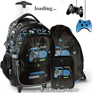 Paso gamer gurulós iskolatáska szett tolltartóval és tornazsákkal, fekete kék, zöld és szürke pixeles játékvezérlő mintával - Paso