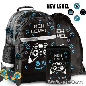 Paso New Level Gamer iskolatáska szett, fekete hátizsák kék gamer mintával, tartalmaz ceruzatartót és tornazsákot - Paso