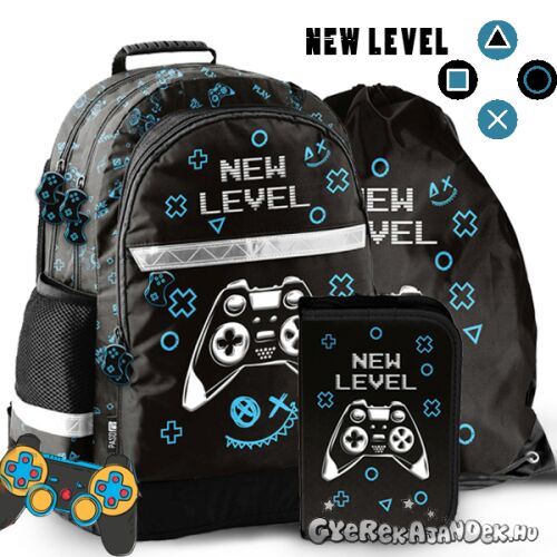 Paso New Level Gamer iskolatáska szett, fekete hátizsák kék gamer mintával, tartalmaz ceruzatartót és tornazsákot