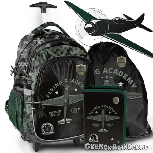 Paso Flying Academy terepmintás gurulós iskolatáska szett fiúknak, tolltartóval és tornazsákkal