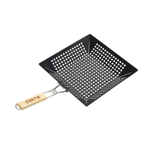 Home GRT02 Non-Stick Grill Basket with Wooden Handle, Square Shape, Non-Stick Coating, 305x305x50 mm