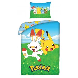 Pokémon Field ágyneműhuzat szett Pikachuval és Scorbunnyval, 140x200cm paplanhuzat és 70x90cm párnahuzat - Lakástextil