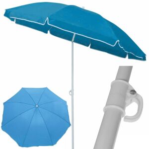 Kolaż niebieskiego składanego parasola plażowego, pokazujący parasol, trzon i hak - Osłona przeciwsłoneczna