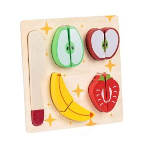 Szeletelt gyümölcs és késkészlet, fa, 5 darab, 12 hónapos kortól, 18x18 cm
