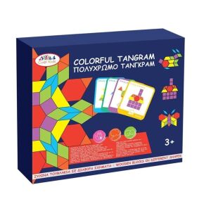 Tangram társasjáték, fából, színes