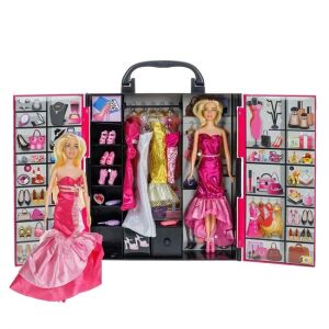 2 db próbababa készlet, ruha- és cipőszekrénnyel együtt, 3+ éves kortól, 29x9x29cm, rózsaszínű