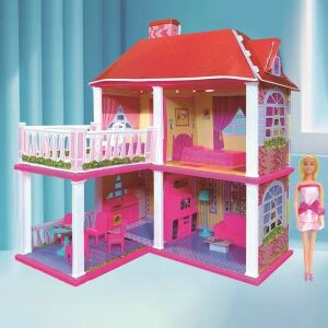 Babaház bútorokkal és babával, rózsaszín, 2 szintes, játékkészlet, gyerekjáték - Babaház