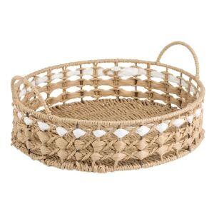 Dekoratív kerek tálca szalmafogantyúval, dekorációhoz vagy tálaláshoz, fonott alappal és kerettel, Ø30x8 cm, bézs színű.