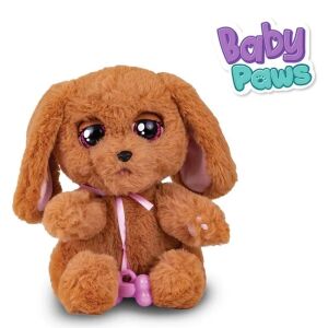 Interaktívne plyšové šteniatko Baby Paws, hnedé, s ružovou mašľou a kosťou - Interaktívne plyšáky