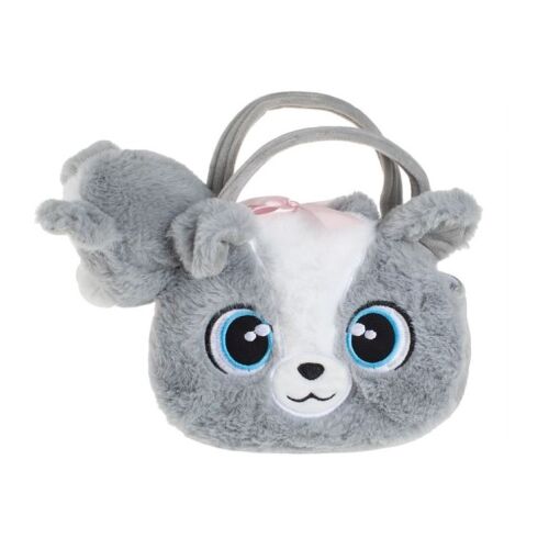 Plüss kutya műszőrme táskával, poliészter, 20×8×22 cm, szürke/fehér/rózsaszín