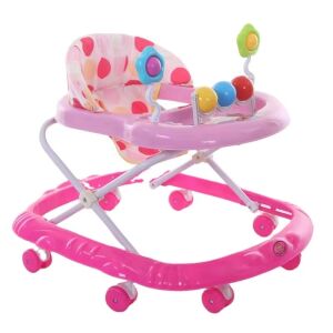 Różowy chodzik dla niemowląt z siedziskiem w kropki i kolorowymi zabawkami - Bébikomp