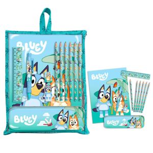Bluey Schreibwaren-Set mit Federmäppchen, mit den Figuren Bluey und Bingo, enthält Bleistifte, Lineal, Radiergummi, Spitzer, Stift, Buntstifte und Notizbuch - Schreibwaren-Sets