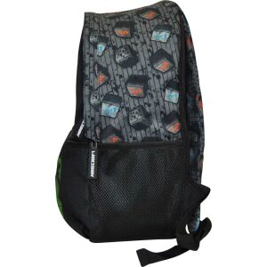 Minecraft Schulrucksack, schwarz mit grauem und blauem Muster, Seitenansicht - Mojang