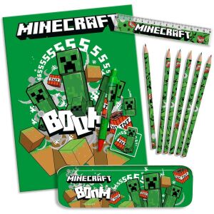 Sada písacích potrieb Minecraft s 13 kusmi, vrátane kovového peračníka, pravítka, farebných ceruziek, pera, zošita A4, gumy, strúhadla a zipsového vrecúška na uloženie s rukoväťou - Minecraft Papiernické súpravy