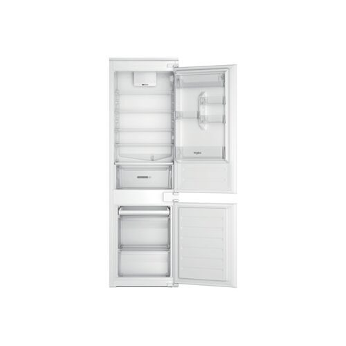 Whirlpool WHC18D011A2 built-in refrigerator with freezer, white, open doors, showing interior
