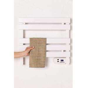Radiator electric pentru prosoape de baie CREATE, alb, cu un prosop agățat pe el, care arată panoul de control - Calorifere baie